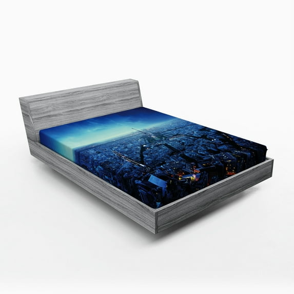 Ambesonne Paris Fitted Sheet, Eiffel Tower Cityscape, Queen Size, Navy Blue