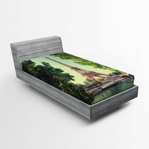 Ambesonne Paris Fitted Sheet, Eiffel Tower Seine River, Twin XL Size, Almond Green Pale Brown