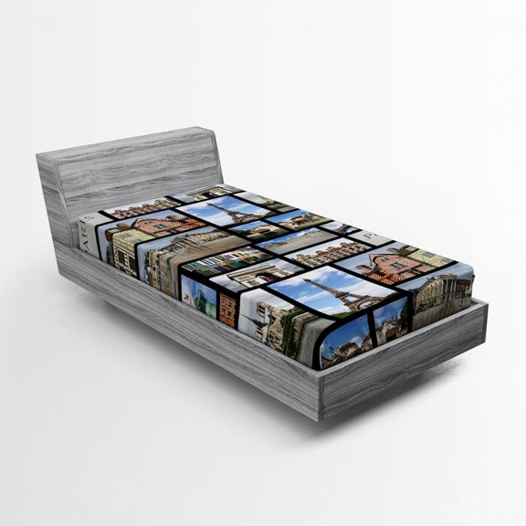 Ambesonne Paris Fitted Sheet, France Iconic Landmarks Photo, Twin XL Size, Blue Brown