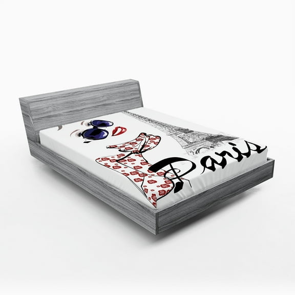 Ambesonne Paris Fitted Sheet, Image of a Woman Smiling, Queen Size, Dark Blue White