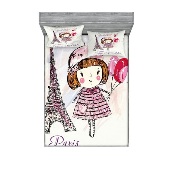 Ambesonne Paris Fitted Sheet & Pillow Sham Set, Hearts on Eiffel Tower, Calking, Pale Pink Purple White