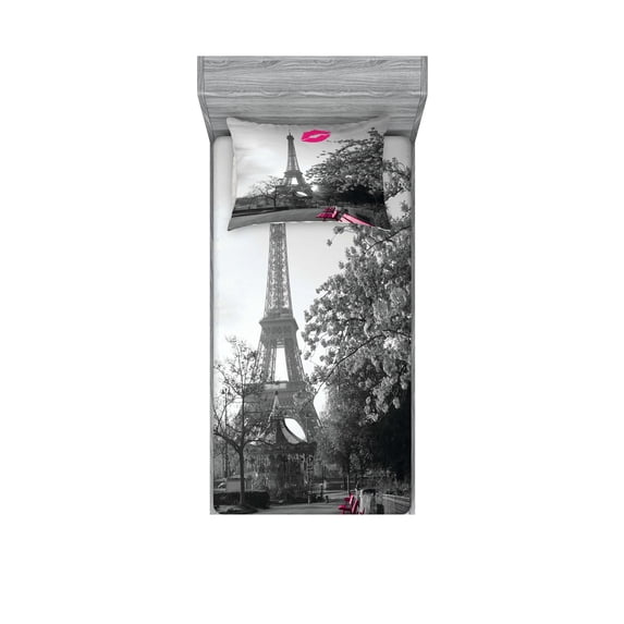 Ambesonne Paris Fitted Sheet & Pillow Sham Set, Romantic City and a Kiss, Twin, Black White Hot Pink
