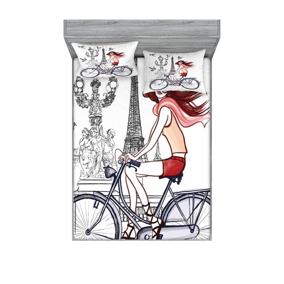 Ambesonne Paris Fitted Sheet & Pillow Sham Set, Woman on Bike Eiffel, Queen, Grey Red Peach