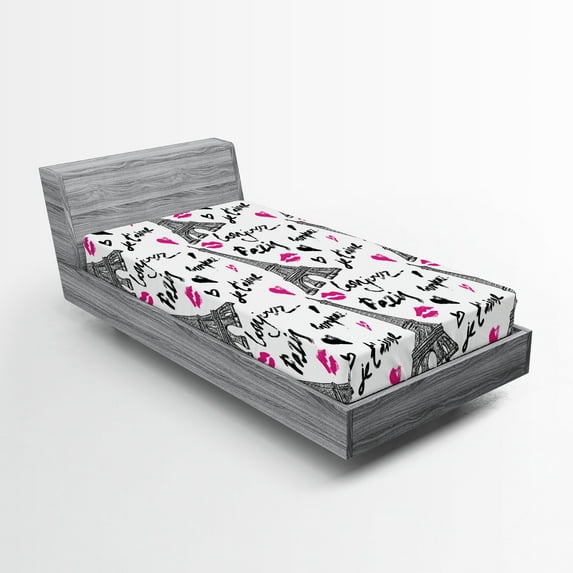 Ambesonne Paris Fitted Sheet, Pink Kiss Eiffel Love, Twin XL Size, White Black Pink