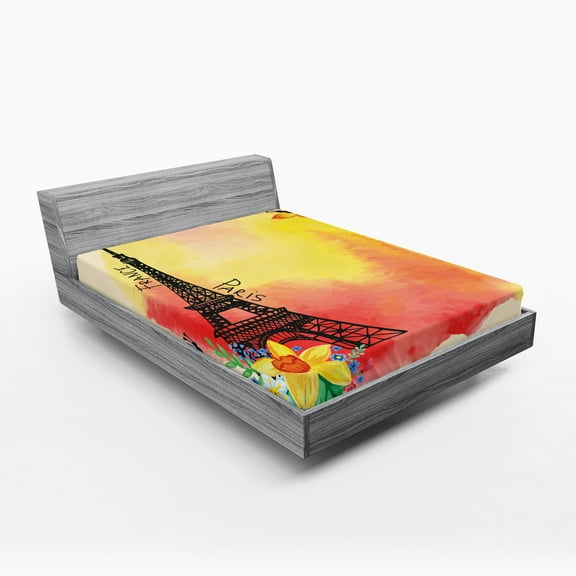 Ambesonne Paris Fitted Sheet, Romantic Floral Eiffel, Queen Size, Multicolor