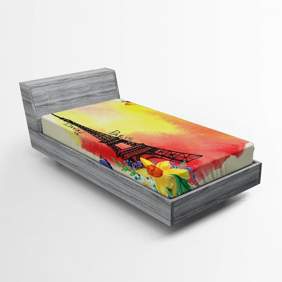 Ambesonne Paris Fitted Sheet, Romantic Floral Eiffel, Twin Size, Multicolor