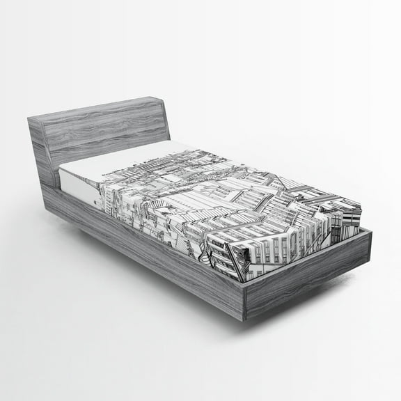 Ambesonne Paris Fitted Sheet, Roofs in Paris and Eiffel, Twin Size, Black and White