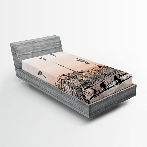 Ambesonne Paris Fitted Sheet, Sketch of Eiffel Tower, Twin XL Size, Peach Grey