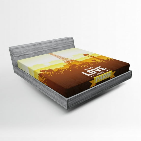 Ambesonne Paris Fitted Sheet, Tulips Romantic Scene, Full Size, Orange Yellow Brown