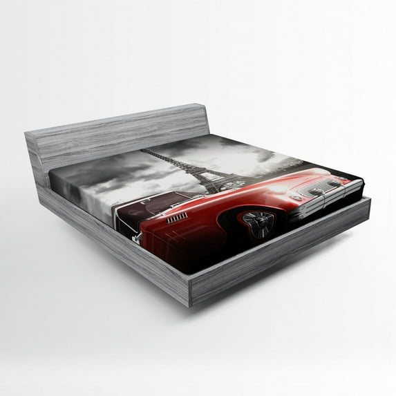 Ambesonne Paris Fitted Sheet, Vintage Car and Eiffel, Queen Size, Grey Red