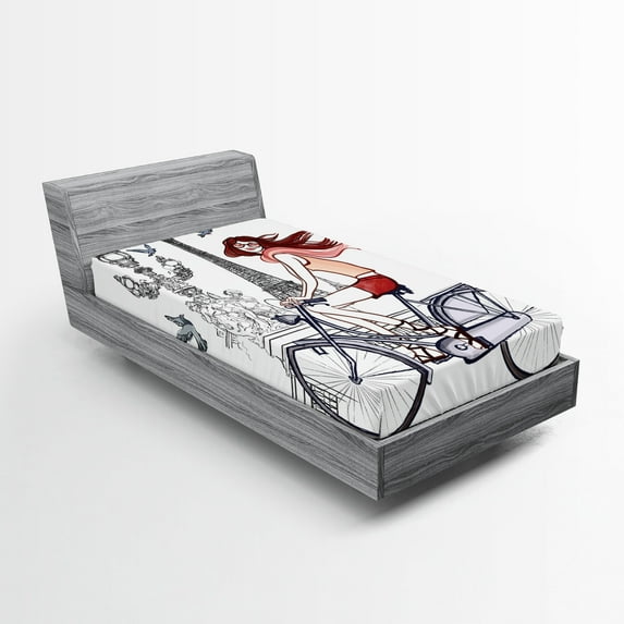 Ambesonne Paris Fitted Sheet, Woman on Bike Eiffel, Twin Size, Grey Red Peach