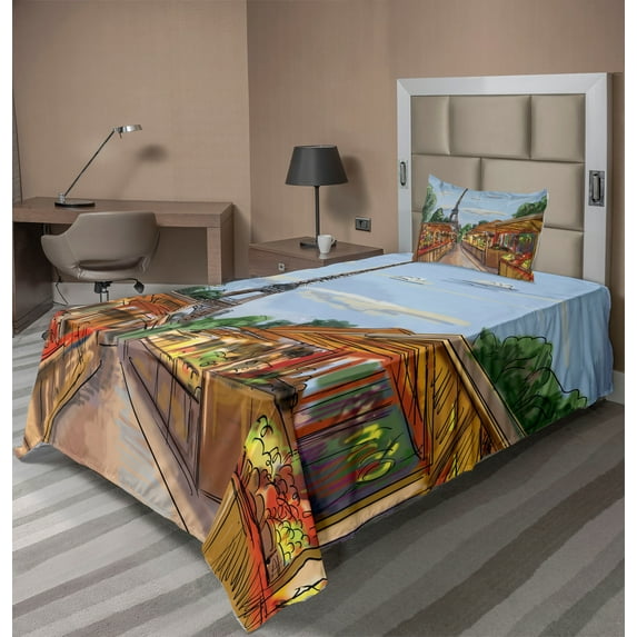 Ambesonne Paris Fitted & Top Sheet Set with Sham, Colorful Sketch Street Eiffel, Amber and Blue