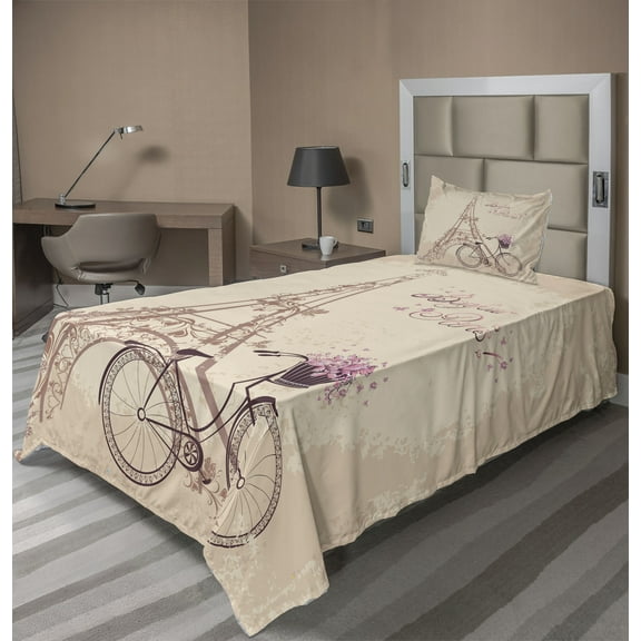 Ambesonne Paris Fitted & Top Sheet Set with Sham, French Eiffel Tower, Beige