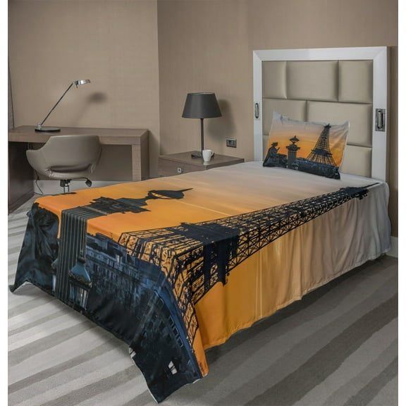 Ambesonne Paris Fitted & Top Sheet Set with Sham, Historic Sunset Sky Scenery, Orange and Blue