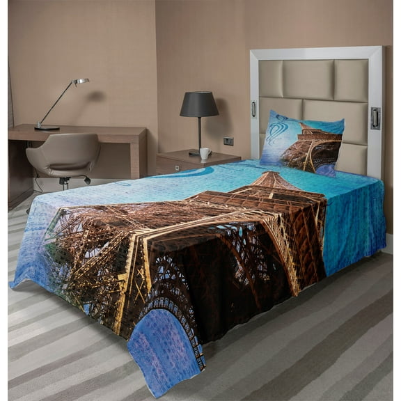 Ambesonne Paris Fitted & Top Sheet Set with Sham, Tilt Shot Eiffel Tower Travel, Blue and Brown
