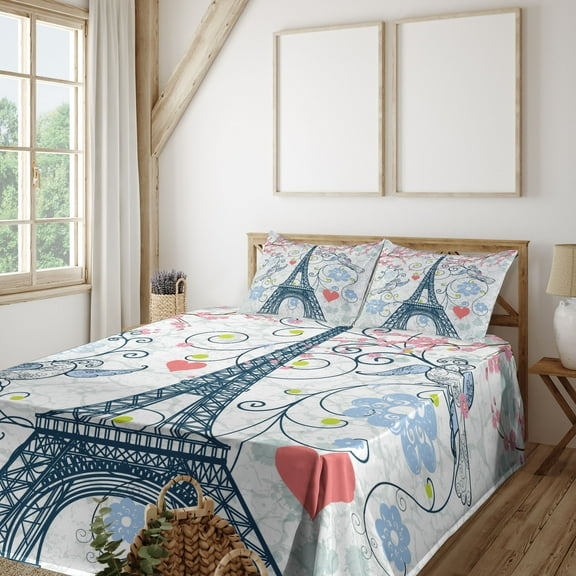 Ambesonne Paris Fitted & Top Sheet Set with Shams, Eiffel Swirling Flowers Heart, Blue and Coral