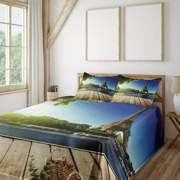 Ambesonne Paris Fitted & Top Sheet Set with Shams, Eiffel Tower Wood Pier Seine, Green and Blue