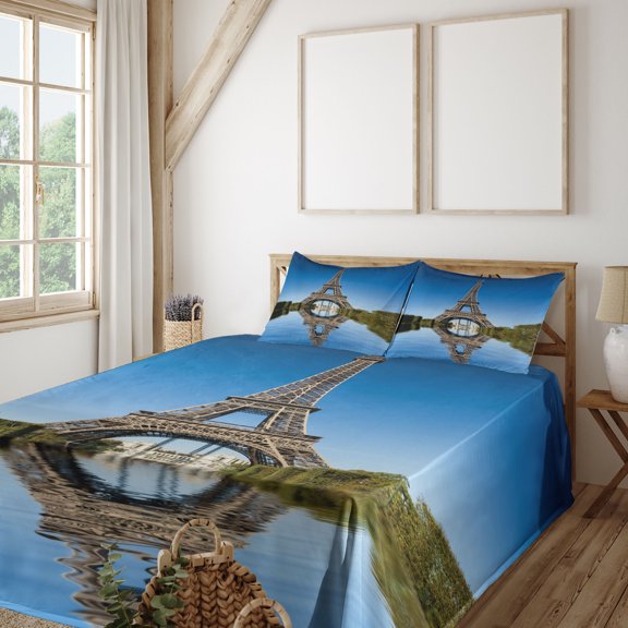 Ambesonne Paris Fitted & Top Sheet Set with Shams, Eiffel Water Reflection, Green Grey Blue