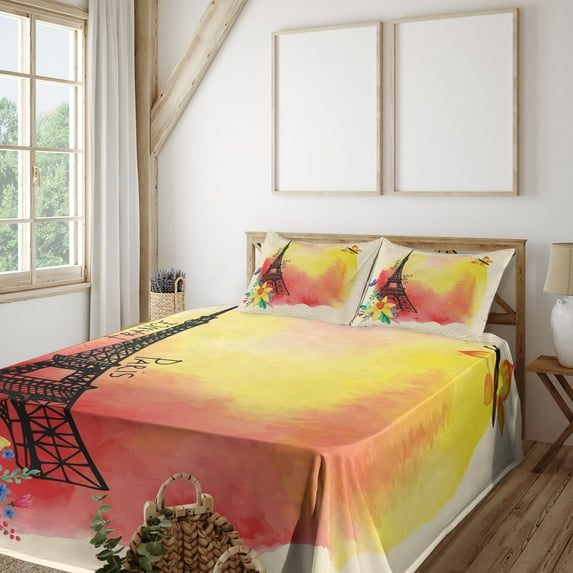 Ambesonne Paris Fitted & Top Sheet Set with Shams, Romantic Floral Eiffel, Multicolor