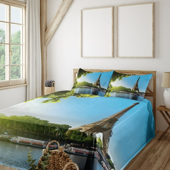 Ambesonne Paris Fitted & Top Sheet Set with Shams, Sunny Day Eiffel Tower River, Blue and Green