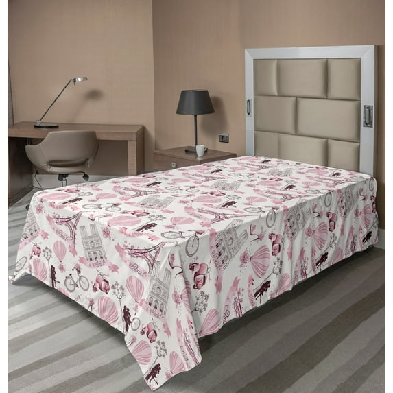 Ambesonne Paris Flat Sheet, Kissing Couple Valentines, TwinXL Size, Pale Pink Rose