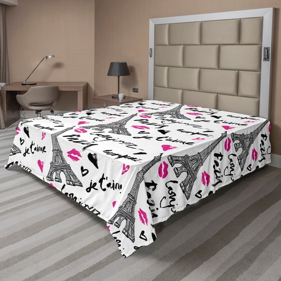 Ambesonne Paris Flat Sheet, Pink Kiss Eiffel Love, California King, White Black and Pink