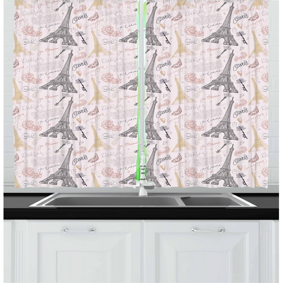 Ambesonne Paris Kitchen Curtains, Nostalgic Sketch Words, 55"x39", Multicolor