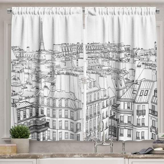 Ambesonne Paris Kitchen Curtains, Roofs in Paris and Eiffel, 55"x45", Black and White