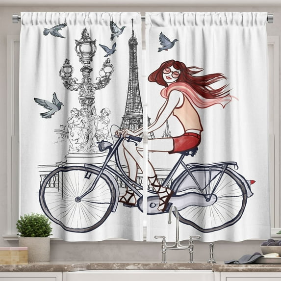 Ambesonne Paris Kitchen Curtains, Woman on Bike Eiffel, 55"x45", Grey Red Peach
