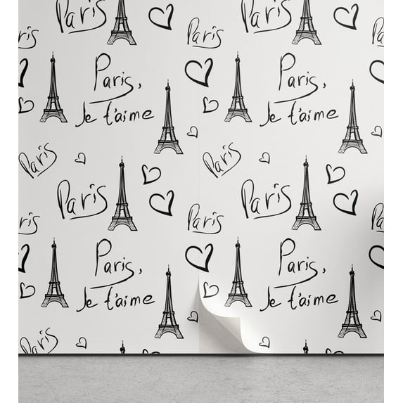Ambesonne Paris Peel & Stick Wallpaper for Home, Eiffel Je T'aime Doodle, 13"x72", Black White