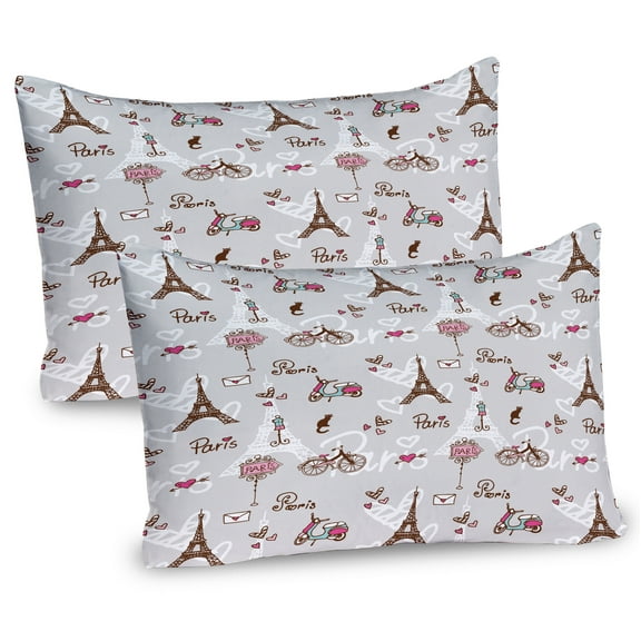Ambesonne Paris Pillow Sham 2 Pack, Bikes Eiffel Tower and Hearts, 26"x20", Pale Blue Brown Pink