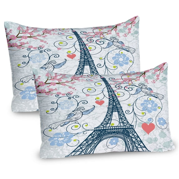 Ambesonne Paris Pillow Sham 2 Pack, Eiffel Swirling Flowers Heart, 36"x20", Blue and Coral