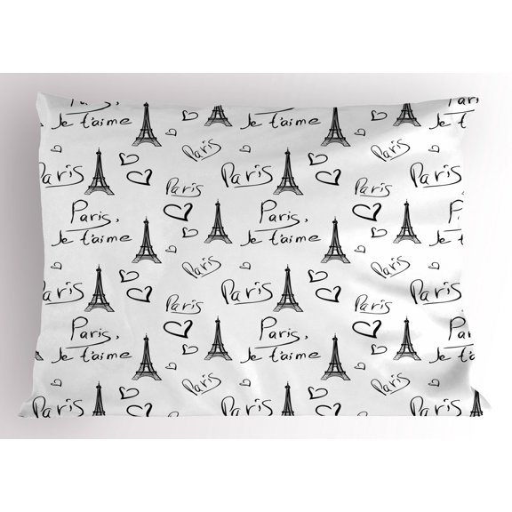 Ambesonne Paris Pillow Sham, Eiffel Je T'aime Doodle, 26" X 20", Black White