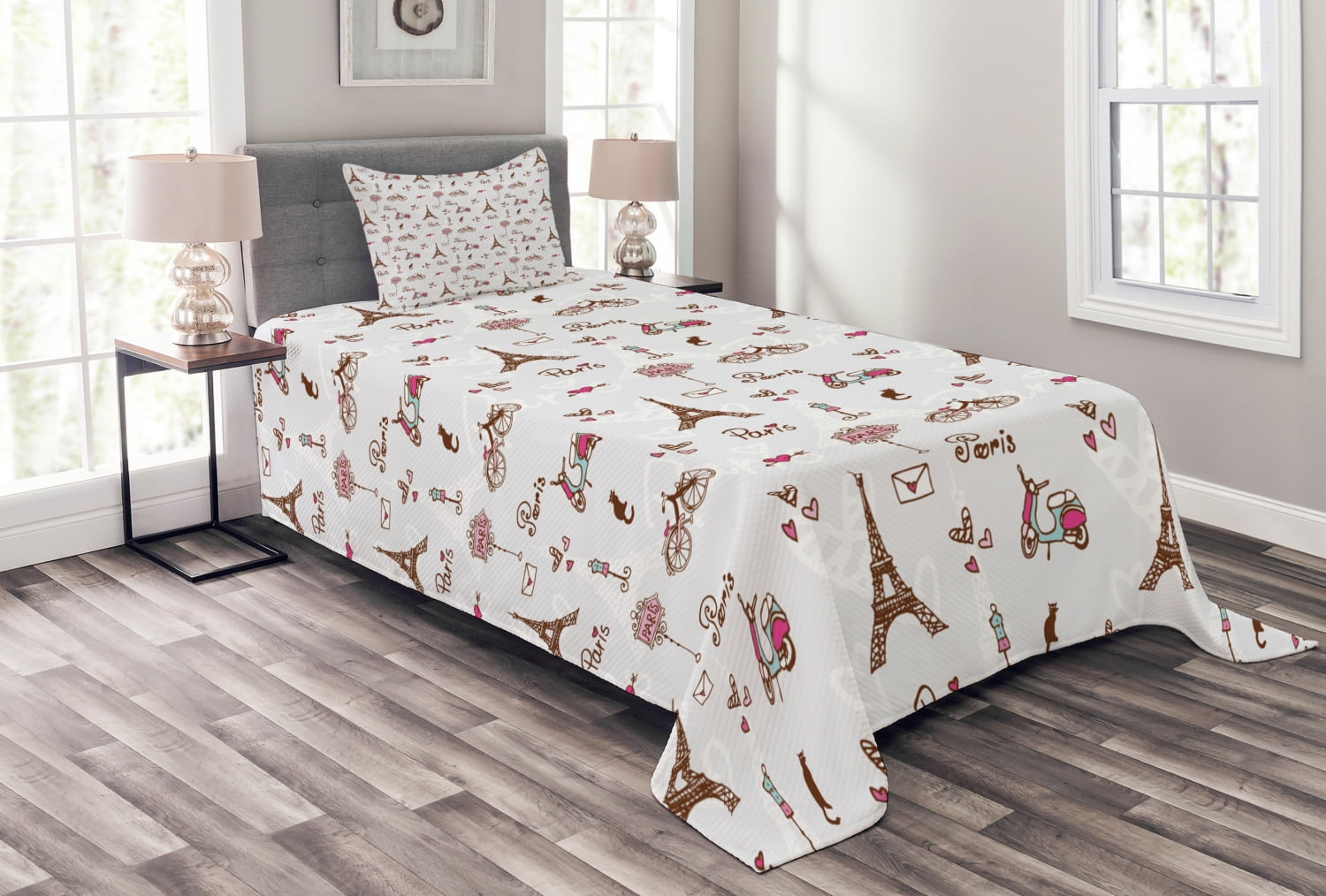 Ambesonne Ambesonne Paris Bedspread City of Love and Fashion Redwood Pearl Pink