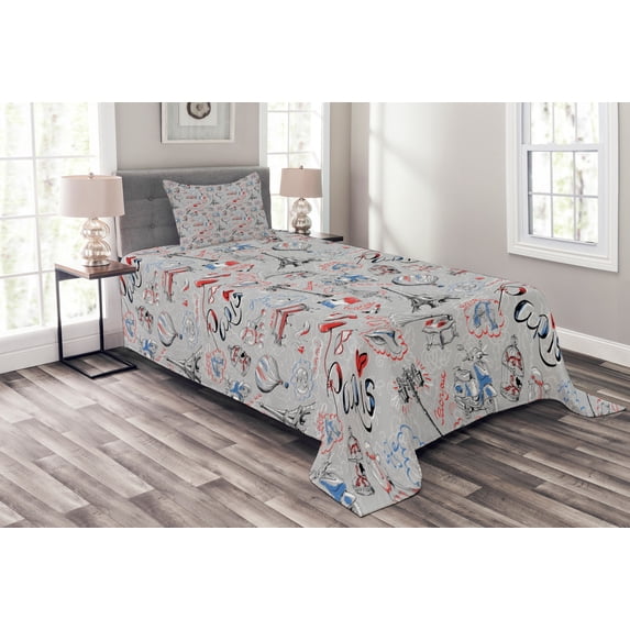 Ambesonne Paris Quilted Bedspread Set 2 Pcs, France City of Love, Twin Size, Multicolor