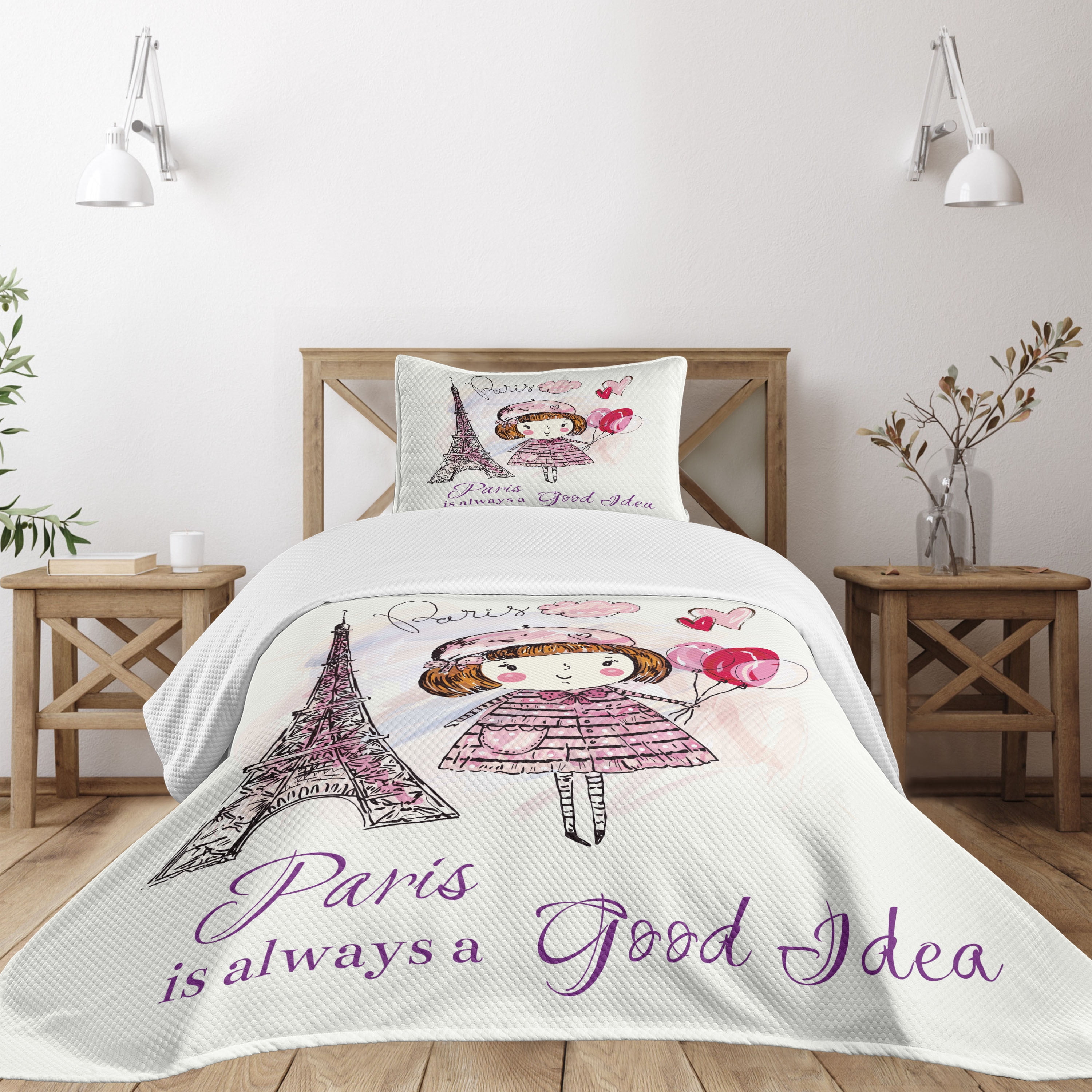 Paris Themed White and Pink Twin Bedspread Set