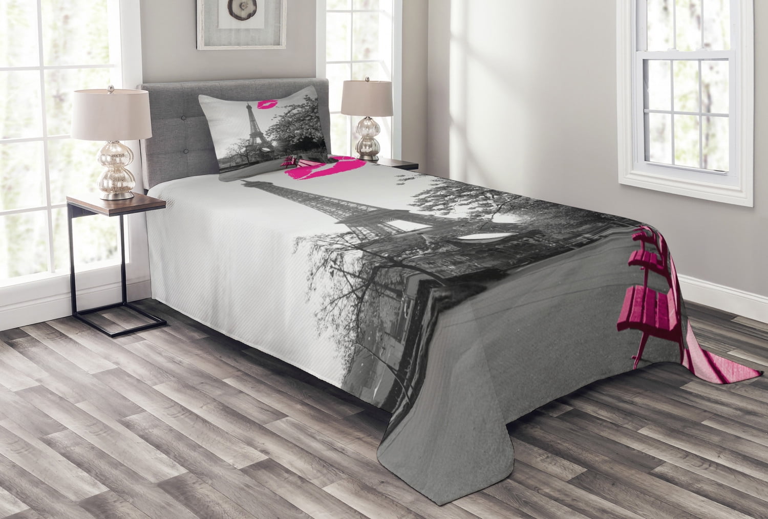 Twin White Quilted Bedspread Set with Paris Design