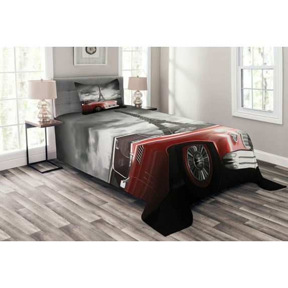 Ambesonne Paris Quilted Bedspread Set 2 Pcs, Vintage Car and Eiffel, Twin Size, Grey Red