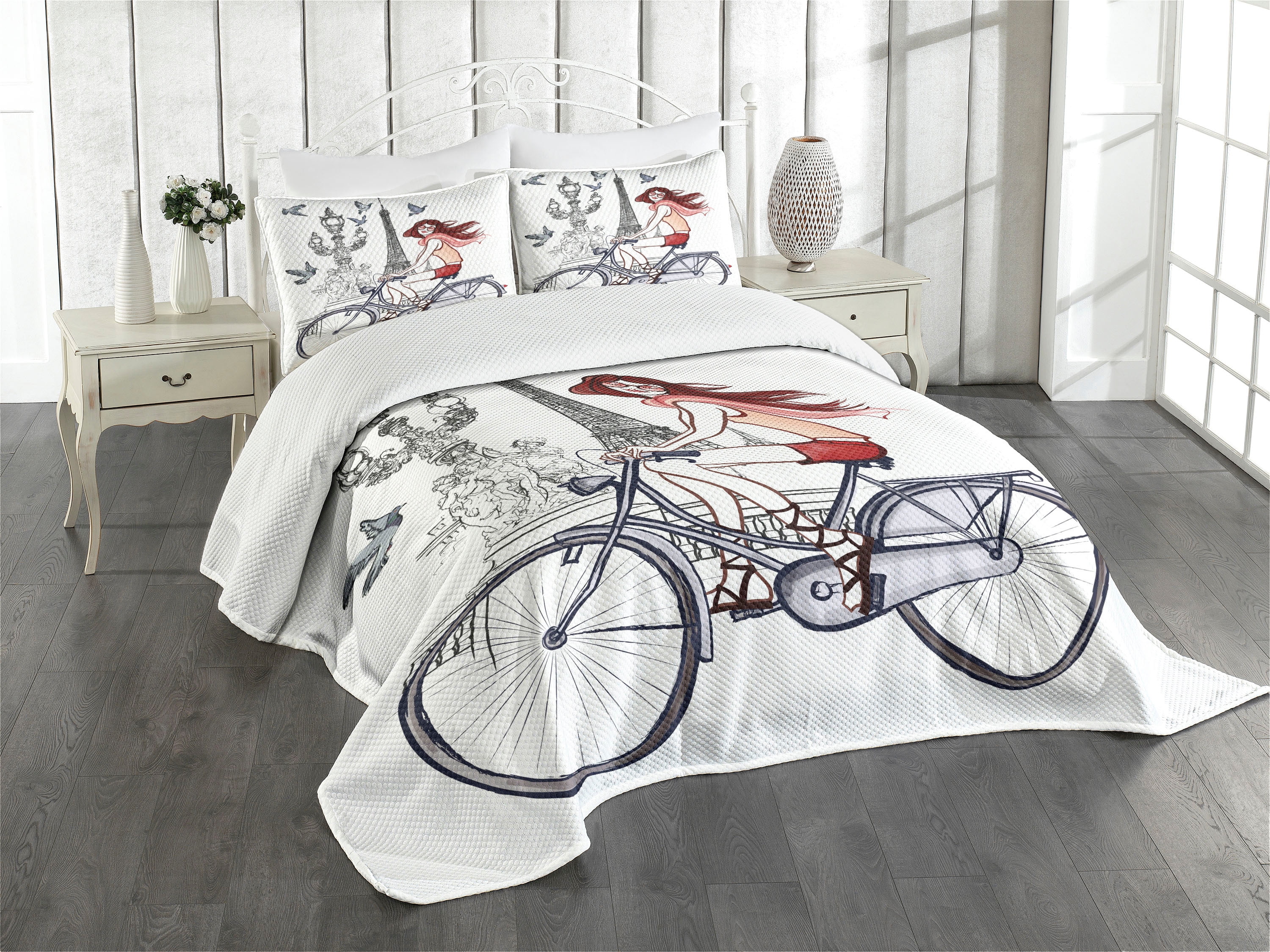 Parisian Girl Gray and Red Twin Bedspread Set