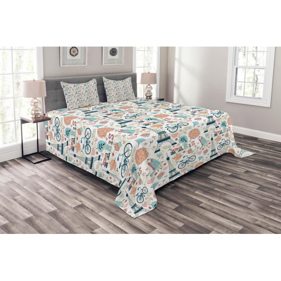 Ambesonne Paris Quilted Bedspread Set 3 Pcs, Autumn in France Theme, Queen Size, Multicolor