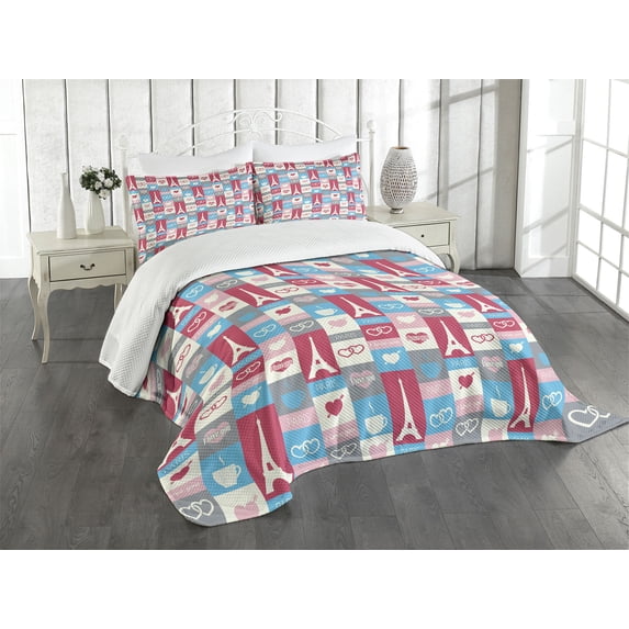 Ambesonne Paris Quilted Bedspread Set 3 Pcs, Coffee Love Eiffel Hearts, Queen Size, Multicolor
