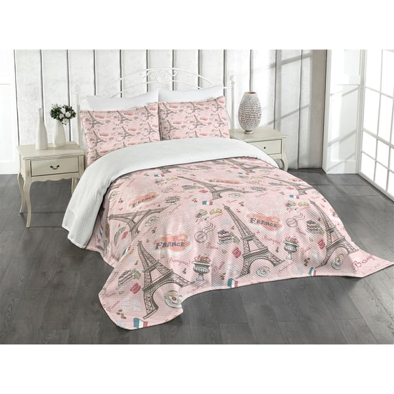 Ambesonne Paris Quilted Bedspread Set 3 Pcs, Croissant Macaroon Muffin, Queen Size, Multicolor