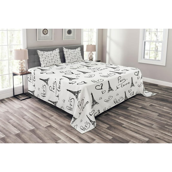 Ambesonne Paris Quilted Bedspread Set 3 Pcs, Eiffel Je T'aime Doodle, King Size, Black White