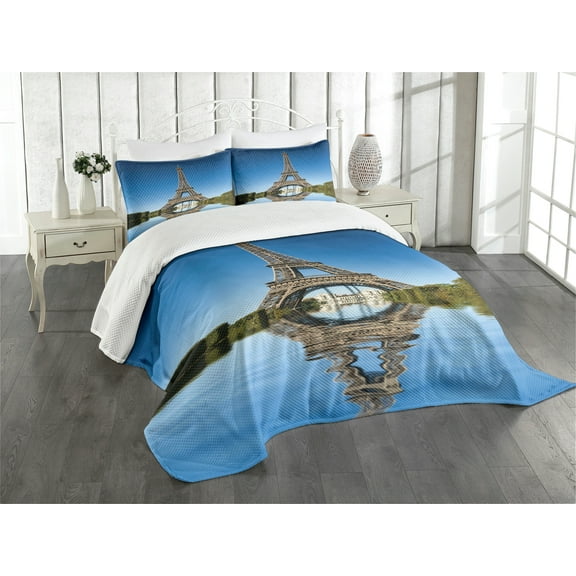 Ambesonne Paris Quilted Bedspread Set 3 Pcs, Eiffel Water Reflection, King Size, Green Grey Blue