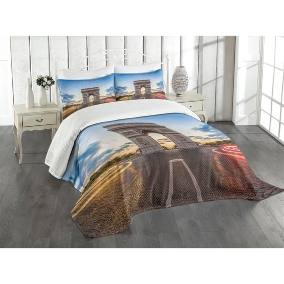 Ambesonne Paris Quilted Bedspread Set 3 Pcs, Famous Champs Elysees, King Size, Multicolor