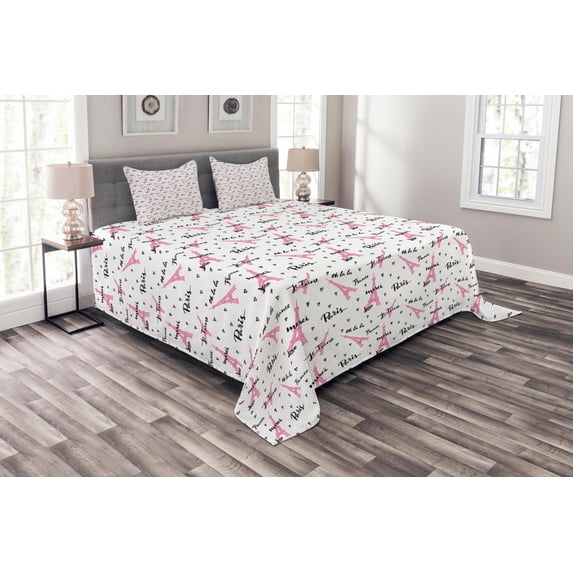 Ambesonne Paris Quilted Bedspread Set 3 Pcs, Je Taime Romance Hearts, Queen Size, Pale Pink White