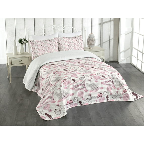 Ambesonne Paris Quilted Bedspread Set 3 Pcs, Kissing Couple Valentines, Queen Size, Pale Pink Rose
