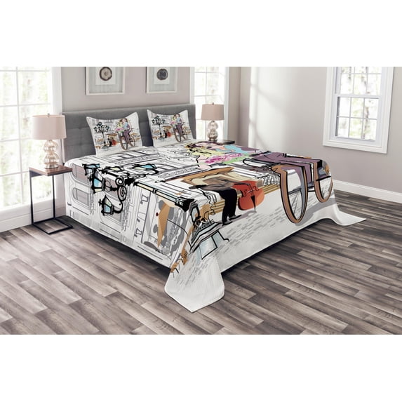 Ambesonne Paris Quilted Bedspread Set 3 Pcs, Lady Rides Bicycle Roses Art, Queen Size, Multicolor