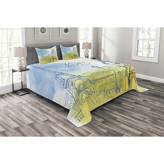 Ambesonne Paris Quilted Bedspread Set 3 Pcs, Lady at the Eiffel Tower Art, Queen Size, Slate Blue and Yellow