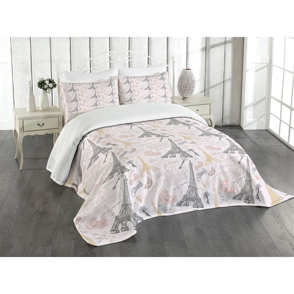 Ambesonne Paris Quilted Bedspread Set 3 Pcs, Nostalgic Sketch Words, Queen Size, Multicolor